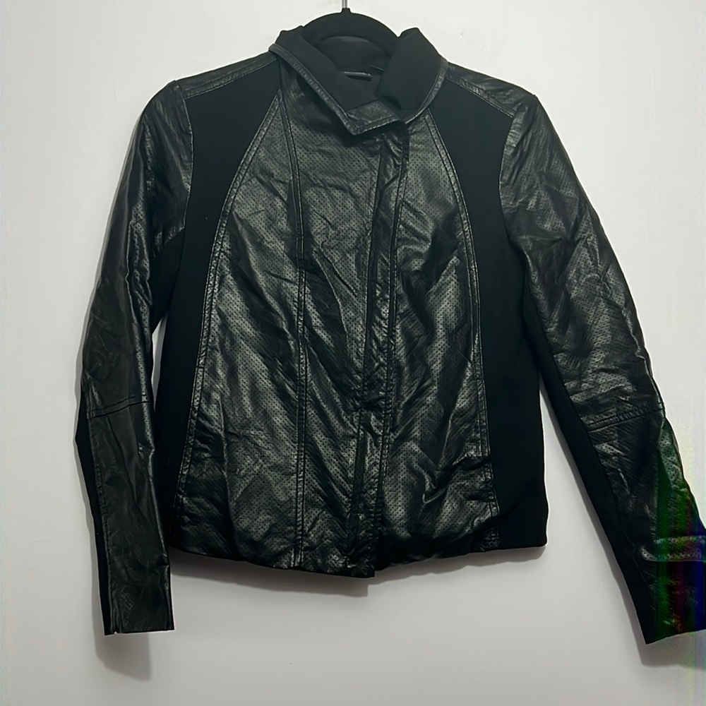 A.n.a. Petite medium faux leather and knit zippered jacket, black, pockets